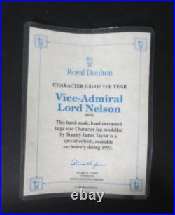 ROYAL DOULTON 1992 Character Jug of the Year VICE-ADMIRAL LORD NELSON with COA