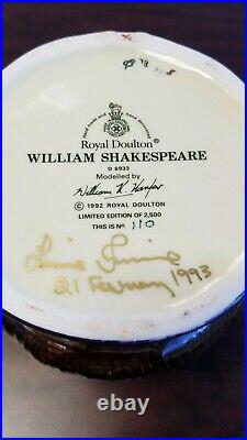 ROYAL DOULTON 1992 William Shakespeare Character Jug with COA D6933 LTD #110