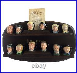 Royal Doulton 12 Miniature Charles Dickens Hand Painted Jugs Display Stand Vtg