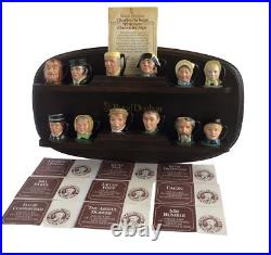Royal Doulton 12 Miniature Charles Dickens Hand Painted Jugs Display Stand Vtg