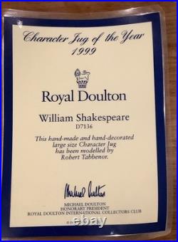 Royal Doulton Character Jug William Shakespeare D7136 Large Jug of the Year 1999 Royal Doulton Character Jug William Shakespeare D7136 Large Jug of the Year 1999