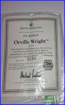 Royal Doulton Orville Wright Character Jug D7178 Ltd Edition 184/1000 Rare Coa