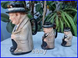 Royal Doulton Winston Churchill 3 Graduating Toby Character Jugs 23 14 & 10 cm